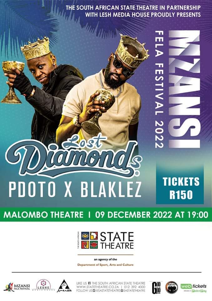 LesheMediahouse's tweet photo. Catch the lost diamonds with the stars at the South African state theatre. Let’s get all hip and support these amazing stars. Some lost fishes , some lost diamonds 
Why don’t you find out what it’s all about. Get your ticket at webticket. 
#LostDiamonds @PdotO_SA @Blaklez https://t.co/52w7ei9iVQ
