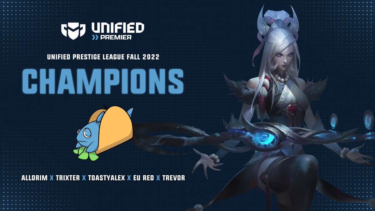 Unified Premier (@unifiedpremier) on Twitter photo Congratulations to <a href="/TeamFishTaco/">Team Fish Taco</a> on being the 2022 Fall UPL Champions🏆
<a href="/Allorim/">Kieran Logue</a>
<a href="/Trixterjg/">Trixter</a>
<a href="/Toastyalex_LoL/">Toasty</a>
EU Red
<a href="/Trevor1Lol/">Trevor</a> Congratulations to <a href="/TeamFishTaco/">Team Fish Taco</a> on being the 2022 Fall UPL Champions🏆
<a href="/Allorim/">Kieran Logue</a>
<a href="/Trixterjg/">Trixter</a>
<a href="/Toastyalex_LoL/">Toasty</a>
EU Red
<a href="/Trevor1Lol/">Trevor</a>