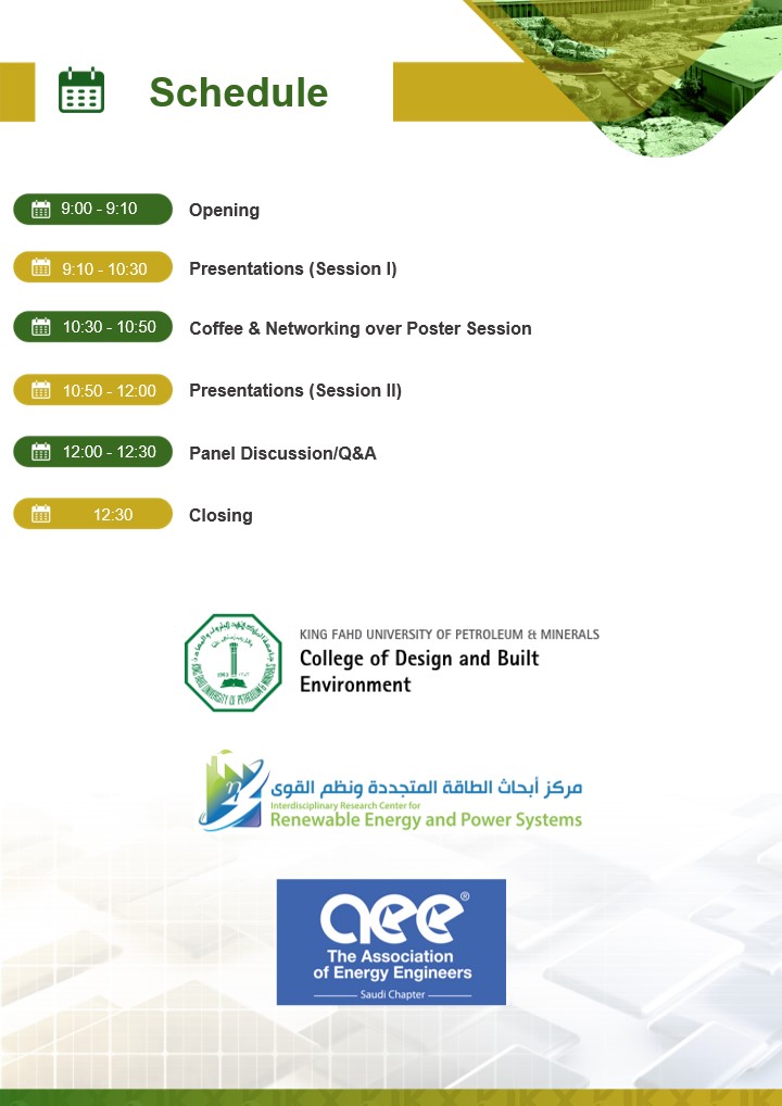 Half Day Forum Alert📢

KFUPM-Architectural Engineering presents a Half  Day Forum on "Solar PV in Buildings: Enabling Zero-Carbon Future For KSA".​

Happening on Monday, Nov 21 @ 09.00AM (KSA Time)

Building 20 - 103 Ground - Auditorium.