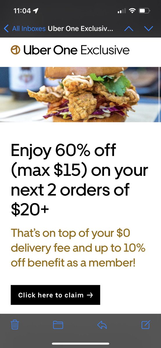 tommydotcom's tweet image. @UberEats I received an email promotion that is an Uber One member exclusive .. when I click the link that says “Click here to claim —&amp;gt;” it opens the Uber Eats app but does not get added to my available promotions. I’ve attached photos for reference. Thx!
