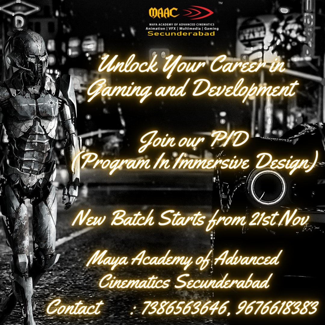 Join our PID
(Program In Immersive Design)
New Batch Starts on 21st Nov
For More Info:
Contact📱: 7386563646, 9676618383
Visit🌐: maacsecunderabad.com
#animation #vfx #multimedia #filmmaking #gaming #graphicdesign #maacsecunderabad #bestmultimediainstitute #Hyderabad