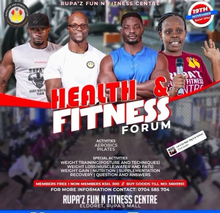 RupazFitness's tweet photo. Let's talk fitness
Date : 19th November
Time: 9am - 1 pm
Charges: 300 for non members, free for gym members
See poster for activities
#rupazhealthnfitnesscentre #fitness #fitnessforum #fitnesseducation #fitnesschallenge #rupasmall #Eldoret https://t.co/RTc71EFLCa