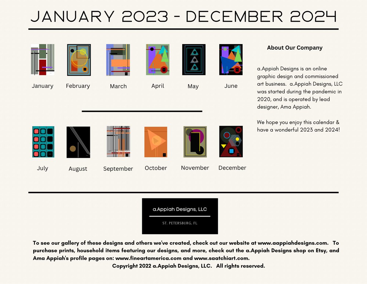 aAppiahDesigns's tweet photo. Get your 2023 & 2024 calendar now! 11 x 8.5 inch 24-month calendar featuring abstract art created by a.Appiah Designs. https://t.co/i1B3cCNmzP #calendar #2023calendar #2024calendar #abstractart #graphicdesign #graphics #art #giftideas #organizationtools https://t.co/A1IcS4ufvH