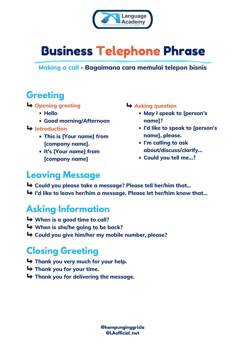 LAofficial_twt's tweet photo. Kalimat atau frasa bahasa inggris yang biasa digunakan saat telepon bisnis (business telephone phrases)

#TipsbyLA #SpeakingWithLA https://t.co/ejAI8JAJct
