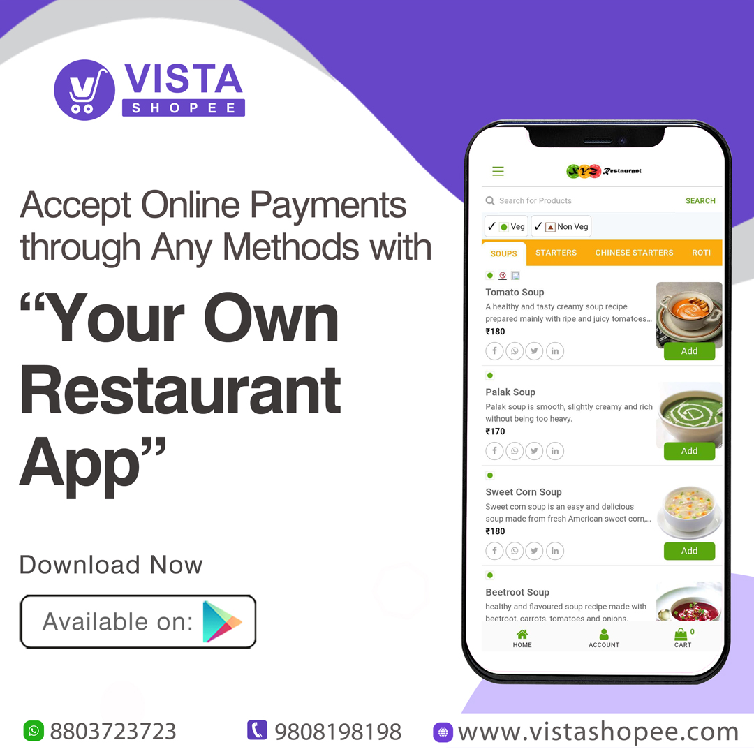 Run your Restaurant business in a simplified way. Let your customers easily place orders on your app &amp; make them pay directly to you through multiple payment options.

Get your ordering app with <a href="/shopeevista/">VistaShopee</a> Today!

#vistashopeeapp #restaurantapp #onlinerestaurant #restaurant