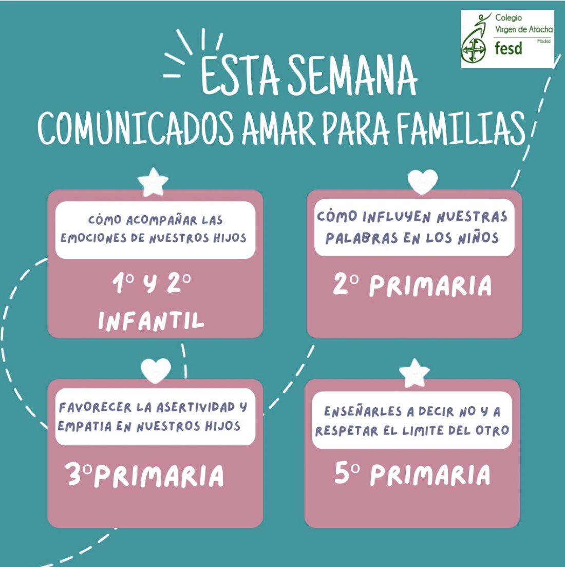 VirgendeAtocha's tweet photo. A lo largo de esta semana las familias de los cursos piloto del programa afectivo-sexual Amar recibirán comunicados con consejos que ayudarán a acompañar a los niños en casa.
#somosfesd #cvatochasemueve #somoscolegio #programaamar #programaafectivo #consejos #acompañamiento https://t.co/vTMn1aMoYb
