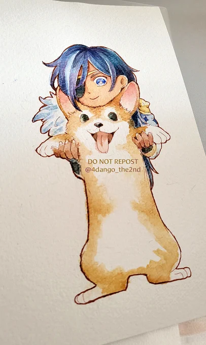 Watercolour birthday gift for a friend who requested Kaeya with a corgi to be exact, they requested a fat corgo but it turned into a fat baguette instead  