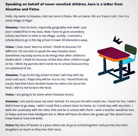 AMPLIFY_Girls's tweet photo. #InclusiveEducation means ALL girls, including #GWDs have equal access to education. 

Aissatou &amp; Fatou's story highlights the inequalities that girls like Fatou face that we must shine a light on. Let all girls learn!

#FeministCoalition - @UNGEI: https://t.co/lHQaNppeRK https://t.co/0BQwSbcfB3