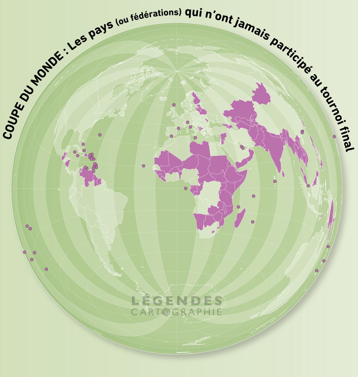 Suite de notre série sur la coupe du monde avec la carte des pays qui n'ont jamais participé au tournoi final. Tous les continents sont concernés, mais c'est en Afrique, en Asie et en Océanie que l'on recense le plus de pays non qualifiés pour un tournoi final.