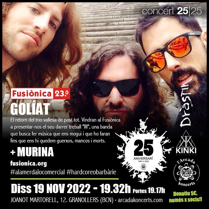 Fest_Fusionica's tweet photo. Aquest cap de setmana assolim el repte, 25 anys, 25 bolos! …i quina banda millor per posar la música de fons que els Golíat, imprescindibles a l’imaginari de l’Arcada Koncerts. Murina els acompanyarà amb un directe que et deixaran flipat des del minut 1 https://t.co/9dtLrZ6vCa https://t.co/QJza4nSIlY