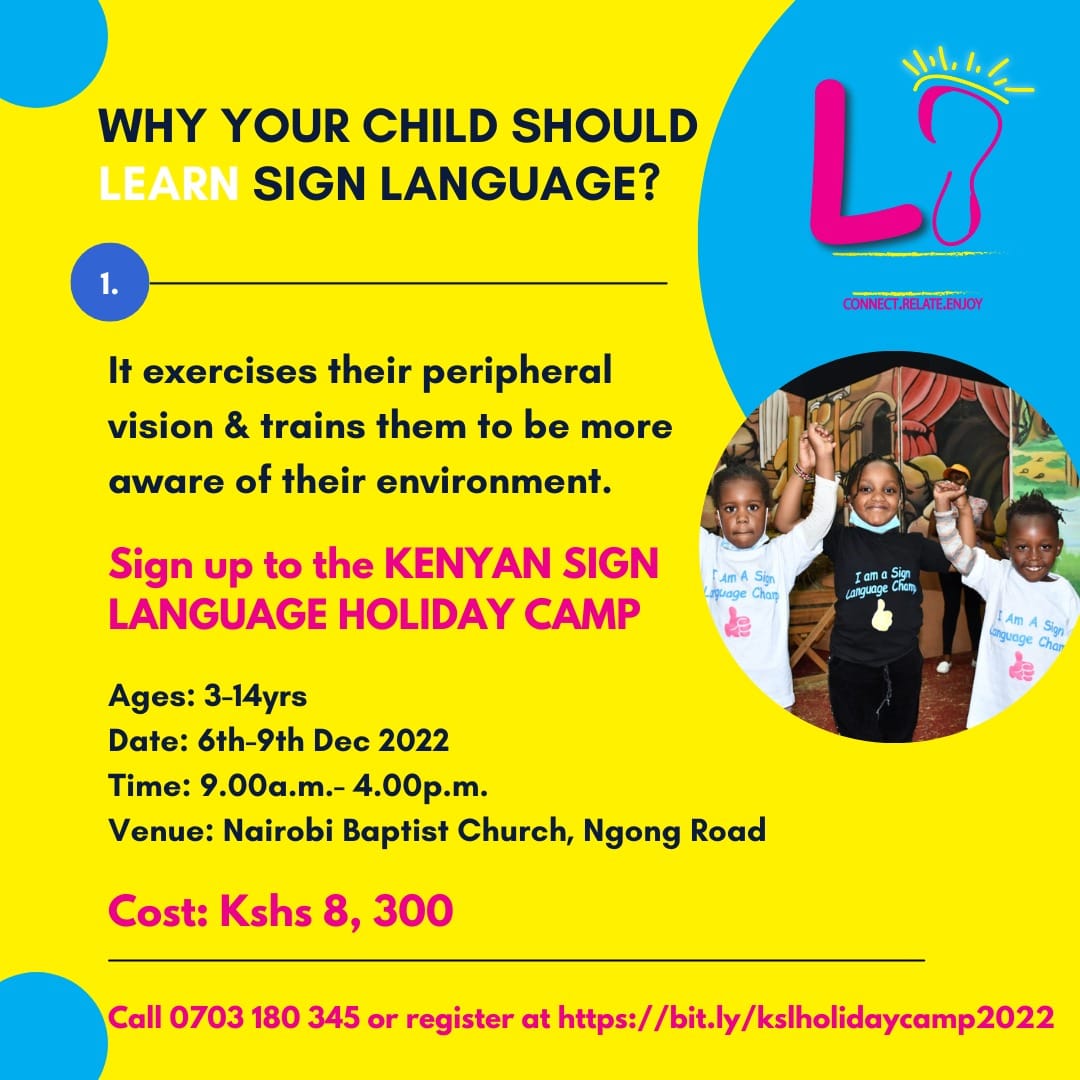 It increasing their level of self-safety! Sign up your child for the KENYAN SIGN LANGUAGE HOLIDAY CAMP to start experiencing the gains of learning sign language. Call 0703180345 or register at bit.ly/kslholidaycamp…
#lughaishara #kenyansignlanguageholidaycamp #inclusion