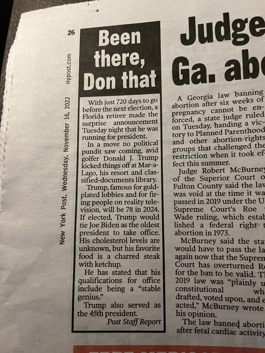 NY Post: Florida Man Makes Announcement —> story deep inside on page 26.