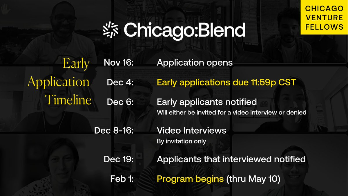 Chicago:Blend (@chicago_blend) on Twitter photo Applications for the Chicago Venture Fellows Spring '23 cohort by <a href="/chicago_blend/">Chicago:Blend</a> are open! This program for women, nonbinary & BIPOC aspiring VCs offers the experience, knowledge & networks needed to break into VC! Apply by Dec 4 for early consideration
chicagoblend.org/venture-fellows Applications for the Chicago Venture Fellows Spring '23 cohort by <a href="/chicago_blend/">Chicago:Blend</a> are open! This program for women, nonbinary & BIPOC aspiring VCs offers the experience, knowledge & networks needed to break into VC! Apply by Dec 4 for early consideration
chicagoblend.org/venture-fellows