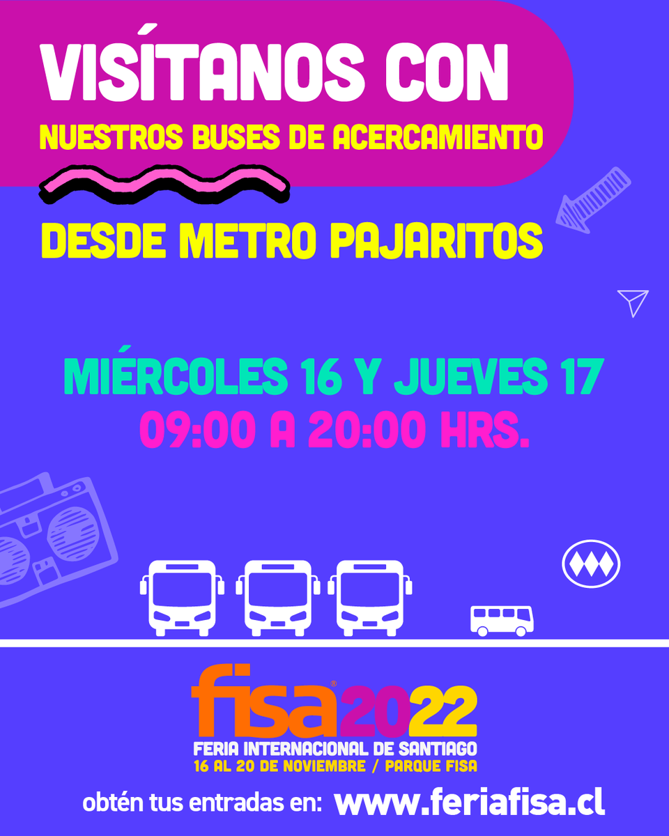 FeriaFisa's tweet photo. ¿Quieres visitar la Feria Fisa?
Nosotros te llevamos 🚌

Contamos con buses de acercamiento totalmente gratis 👀 estarán saliendo desde la Estación Metro Pajaritos 🚇

El horario de hoy y mañana es desde las 9:00 a 20:00 hrs 🕓

Consigue tus entradas en https://t.co/QjnTsrh6yZ 🔗 https://t.co/0zZlraud7P