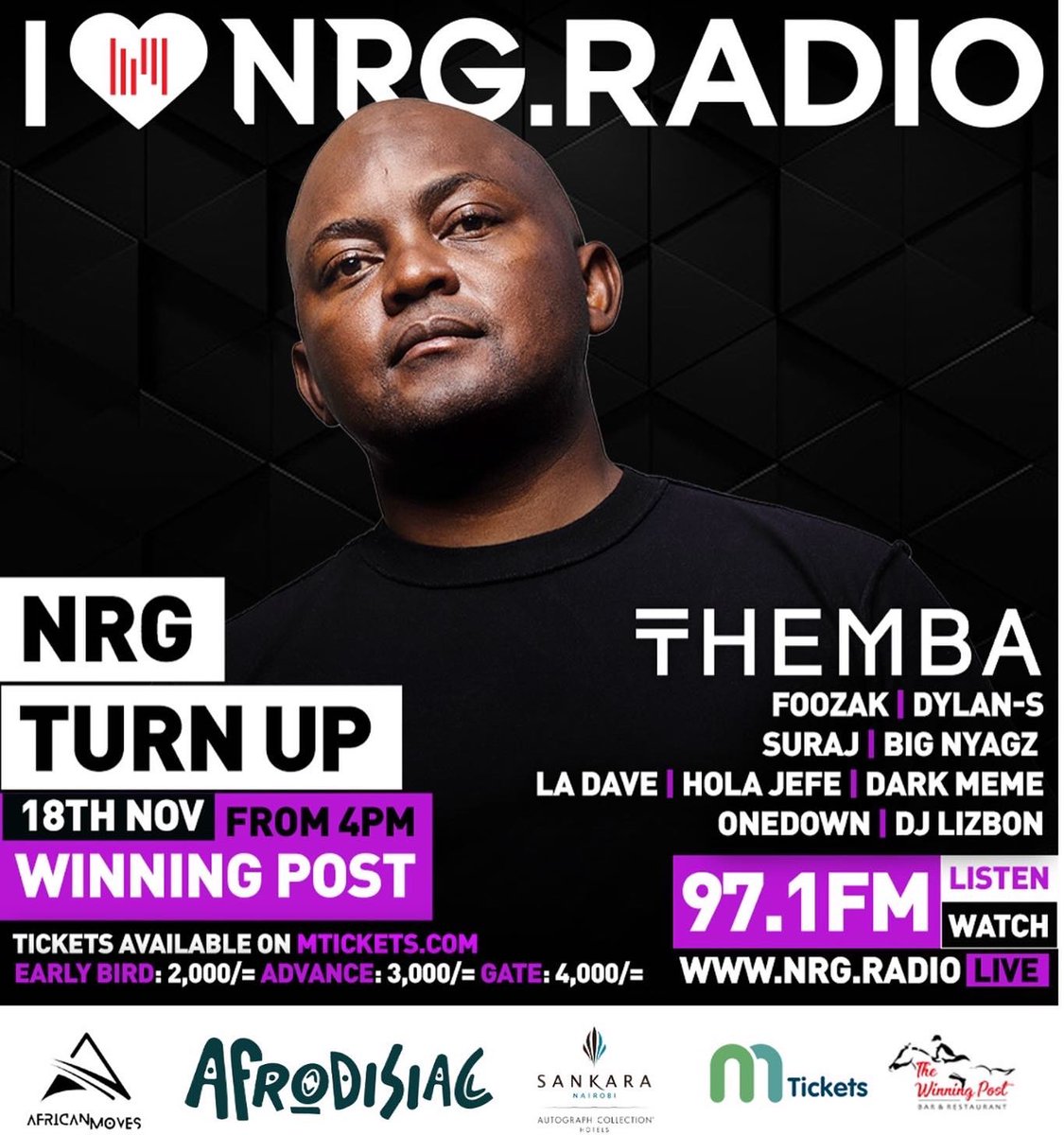 OneDownLIVE's tweet photo. Catch me on @NRGRadioKenya in a few with @MwalimuRachel @xclusivedeejay &amp; @surajkenya  
We’ll be telling y’all about the NRG TURN UP with @itsThemba happening this Friday at @Thewinningpost5 
Tickets available on @MticketsKe 
Powered by @afrodisiacglobal &amp; @AfricanMovesKE https://t.co/KC3xd9akdn