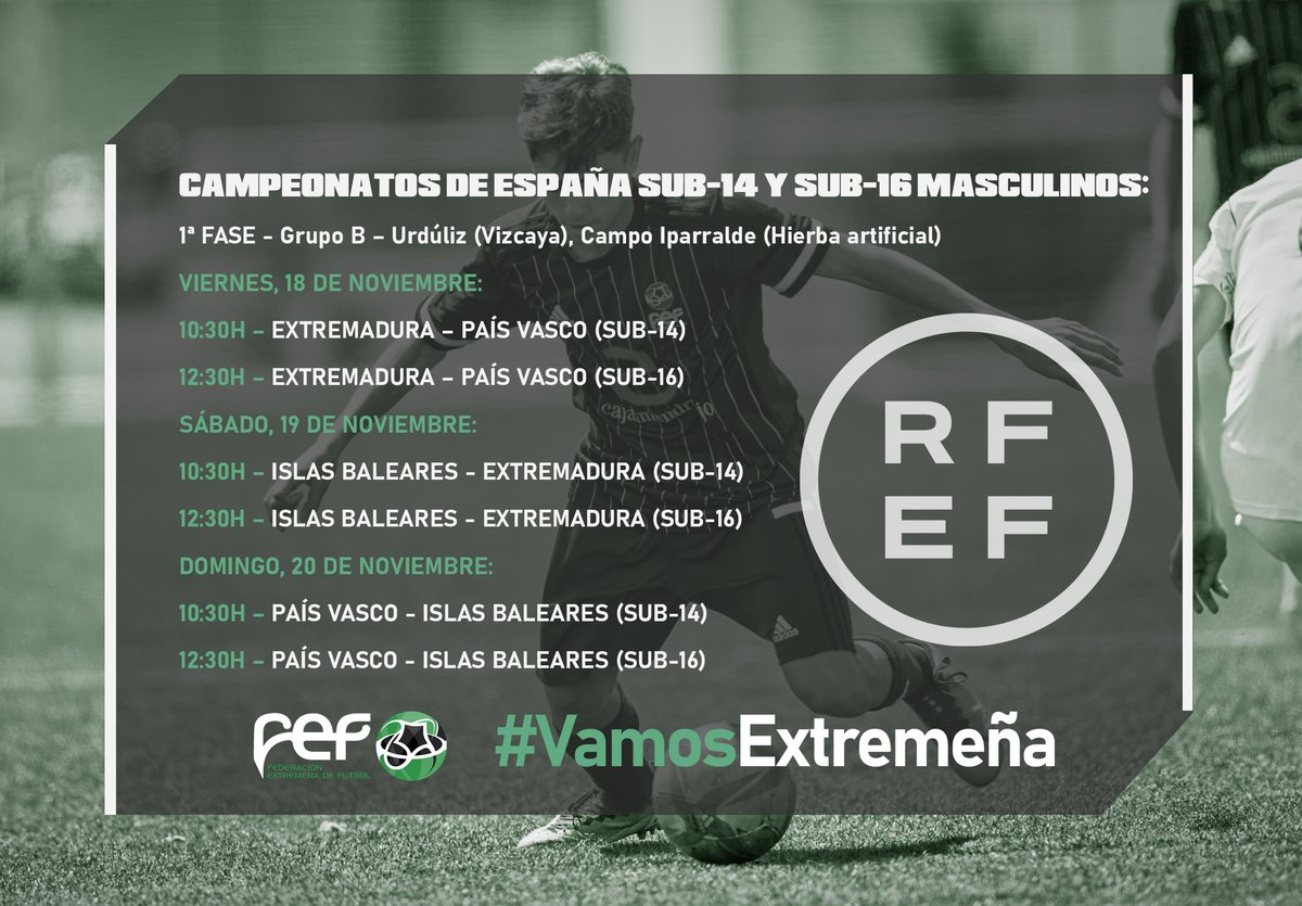 FedExFutbol's tweet photo. ⚽ | #SelecciónExtremeña |

📌Aquí están los 36 cracks que defenderán la camiseta de #Extremadura en la 1ª Fase de los 🇪🇸CTOS. DE ESPAÑA Sub-14 y Sub-16 Masculinos que se disputa este fin de semana en 📍Urdúliz (Vizcaya).

📺Síguelo 🔴EN DIRECTO vía @rfef 

#VamosExtremeña💚🤍🖤 https://t.co/MHww6AelIX