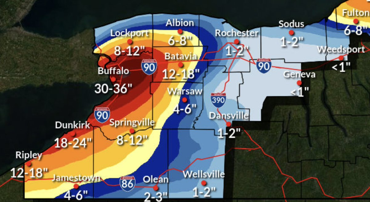 CollinGrossWx's tweet photo. Lake-Effect Snow Warnings are now in effect for the Buffalo, New York area. @NWSBUFFALO is forecasting up to a whopping 30-36” of snow by Saturday morning. ❄️❄️❄️❄️

It’s mentioned up to 4 FEET is possible if the main snow band is slow to move out later Friday. #NYwx https://t.co/6HsJl8cj9T