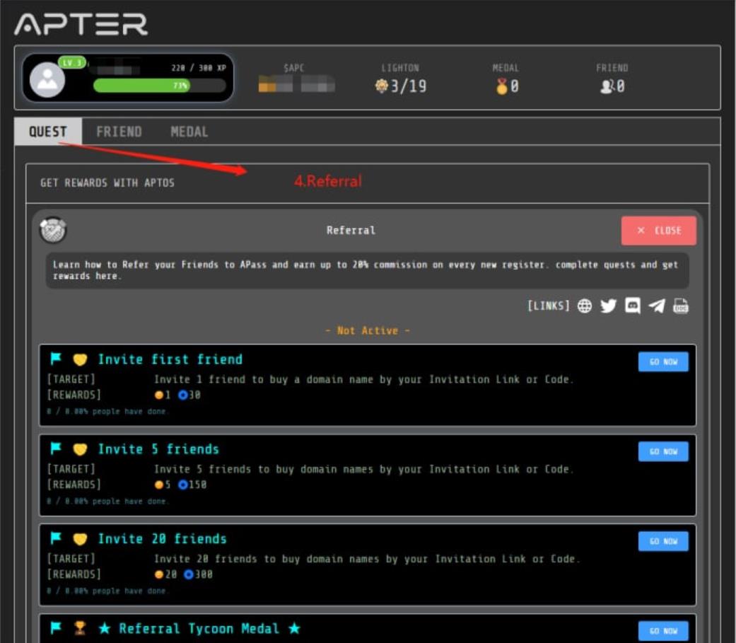 APassNetwork's tweet photo. New quests in Apter on mainnet available. Choose your goals and win medals:
1️⃣Domain Name Quest: Each successful domain name purchased earn $APC;
2️⃣$APC Minter: Each minting session earn $APC;
3️⃣Apter: Completing quests earn $APC;
4️⃣Referral: Completing APass earn $APC ；
#Aptos https://t.co/6VZyA7Ei85