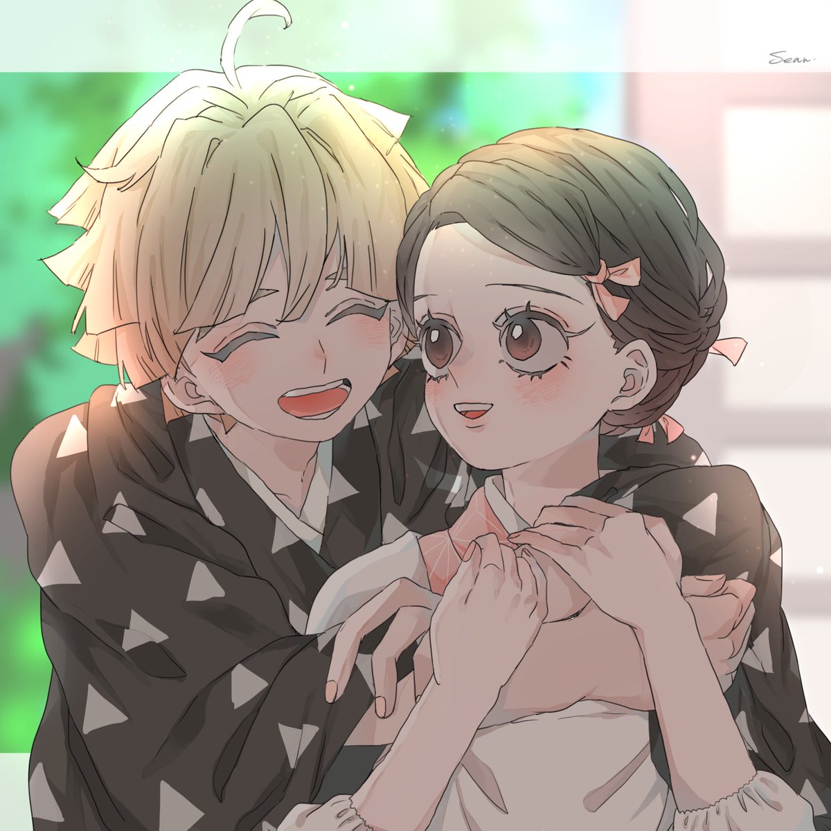 kamado nezuko 1girl 1boy blonde hair closed eyes black hair japanese clothes hug  illustration images