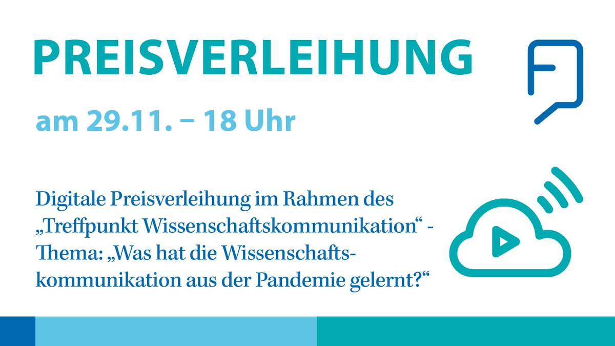 Am Dienstag, den 29.11.2022 um 18 Uhr findet die #Preisverleihung der „Forschungssprecherinnen und -sprecher des Jahres 2022” im Rahmen des „Treffpunkts Wissenschaftskommunikation“ statt! Interessierte können sich hier zur Online-Veranstaltung anmelden: wissenschaftkommuniziert.wordpress.com/2022/11/15/str…