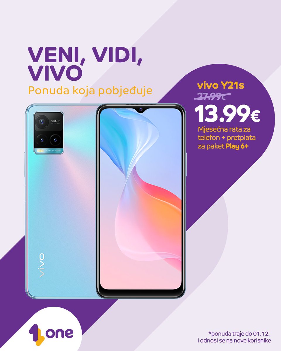 VENI, VIDI, VIVO! 

Postani One korisnik i kupi vivo Y21s po promo cijeni od 13.99 EUR mjesečno, koja uključuje i tvoju Play 6+ tarifu! Posjeti 1.me! cutt.ly/DMRsCGp

#onecrnagora #onemontenegro