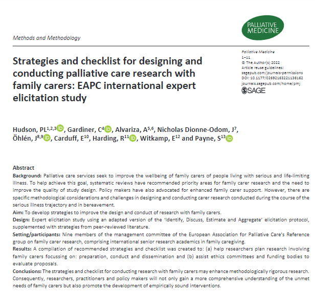 PalliativeMedJ's tweet photo. Comprehensive checklist to help researchers and other key stakeholders plan for and conduct research involving family carers which can also be used by ethics committees and funding bodies to evaluate grant proposals. @EAPCvzw   #hpm #hapc #palliativecare https://t.co/7pb51QS9E2 https://t.co/WzaR0qoGqn