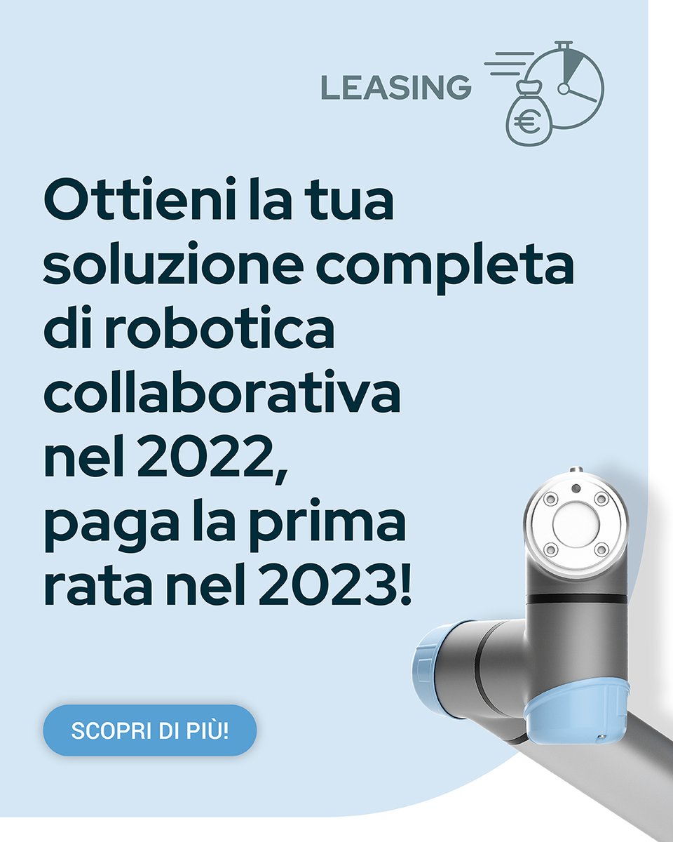 Scegli I cobot #UR in #leasing:
✅ Tasso 0%
✅ Rate a partire da 700 €/mese
✅ Paghi dopo 3 mesi nel 2023

Applicazioni: pallettizzazione, saldatura, asservimento macchine e molte altre. Scopri di più! 👇
universal-robots.com/it/finanzia-il…

#cobot #robotica #automazione #PMI