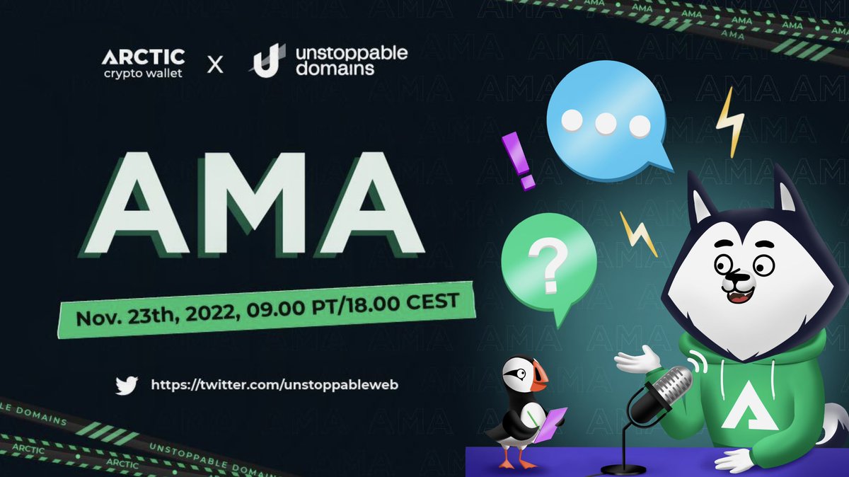 arctic_wallet's tweet photo. Join AMA with @unstoppableweb 🥳

📆Nov.23th
📍UD twitter: https://t.co/oLR9BLJbt1

AMA Giveaway:
•Follow @arctic_wallet &amp; @unstoppableweb
•♥️ and RT this post
•Write the question for the AMA in comments

6 best questions will get 5✖️$50 &amp; 1✖️$100 gift code for your Domain!🎁 https://t.co/EGr1r6Mmlm