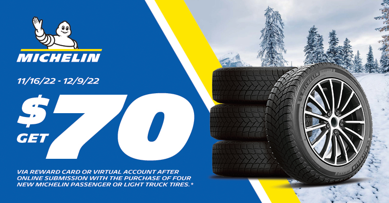 etireman's tweet photo. Get $70 after submission with the purchase of four new Michelin passenger or light truck tires at Tireman! Offer valid 11/16/22 – 12/9/22. No other discounts apply. See redemption instructions for complete details. Void where prohibited. Shop now: https://t.co/nzsKclI8jq https://t.co/X6V9Qxe4Pt