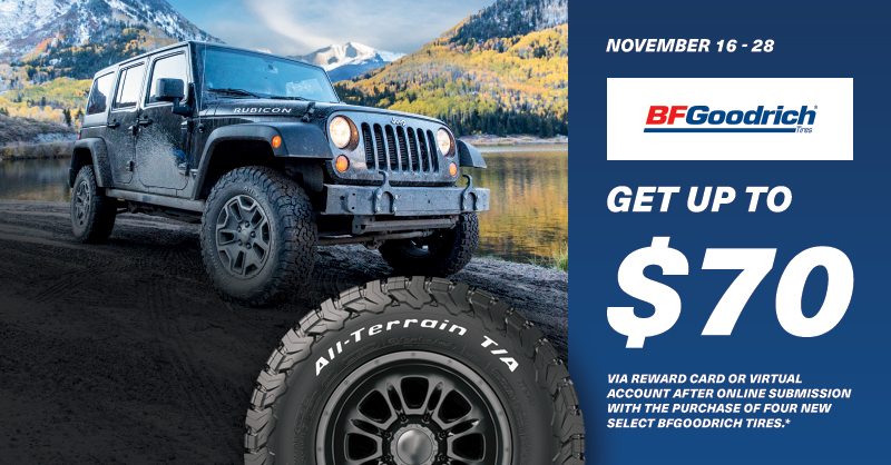 etireman's tweet photo. Get up to $70 after submission with the purchase of four new select BFGoodrich tires at Tireman! Offer valid 11/16/22 - 11/28/22. No other discounts apply. See redemption instructions for complete details. Void where prohibited. Shop now: https://t.co/nzsKclI8jq https://t.co/9CdkICTnTJ