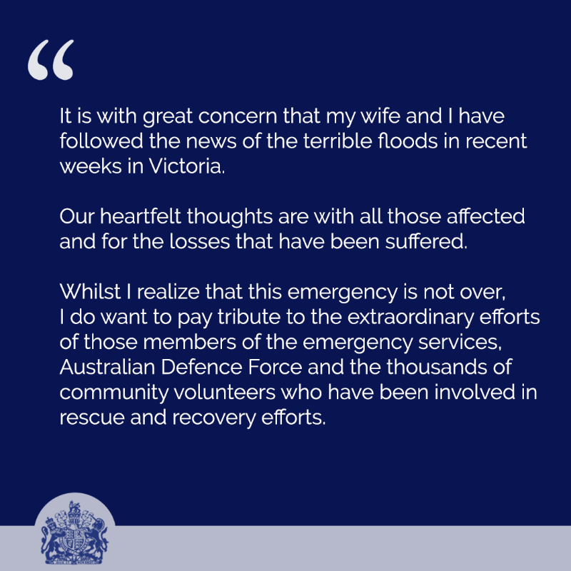 RoyalFamily's tweet photo. His Majesty The King has sent a message to @VicGovernor regarding the ongoing flood emergency in Victoria, Australia: