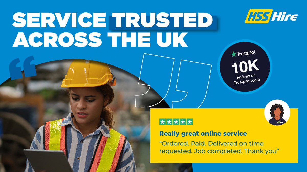 🎉 We've hit 10,000 reviews on Trustpilot! Our service is trusted nationwide and we have achieved excellent status! To find out why we're rated excellent, visit our website, hss.com/hire to discover our wide range of products. 🎉