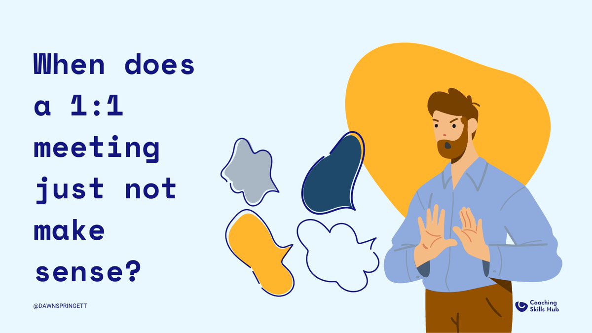 dawnspringett's tweet photo. When does a 1:1 meeting just not make sense?

𝟭) You don't care about the person
𝟮) You don't take responsibility 
𝟯) You don't have the coaching skills 

What else comes to mind?

#CoachingMoments #CoachingSkills #DawnSpringett https://t.co/TVBxN5uYvI