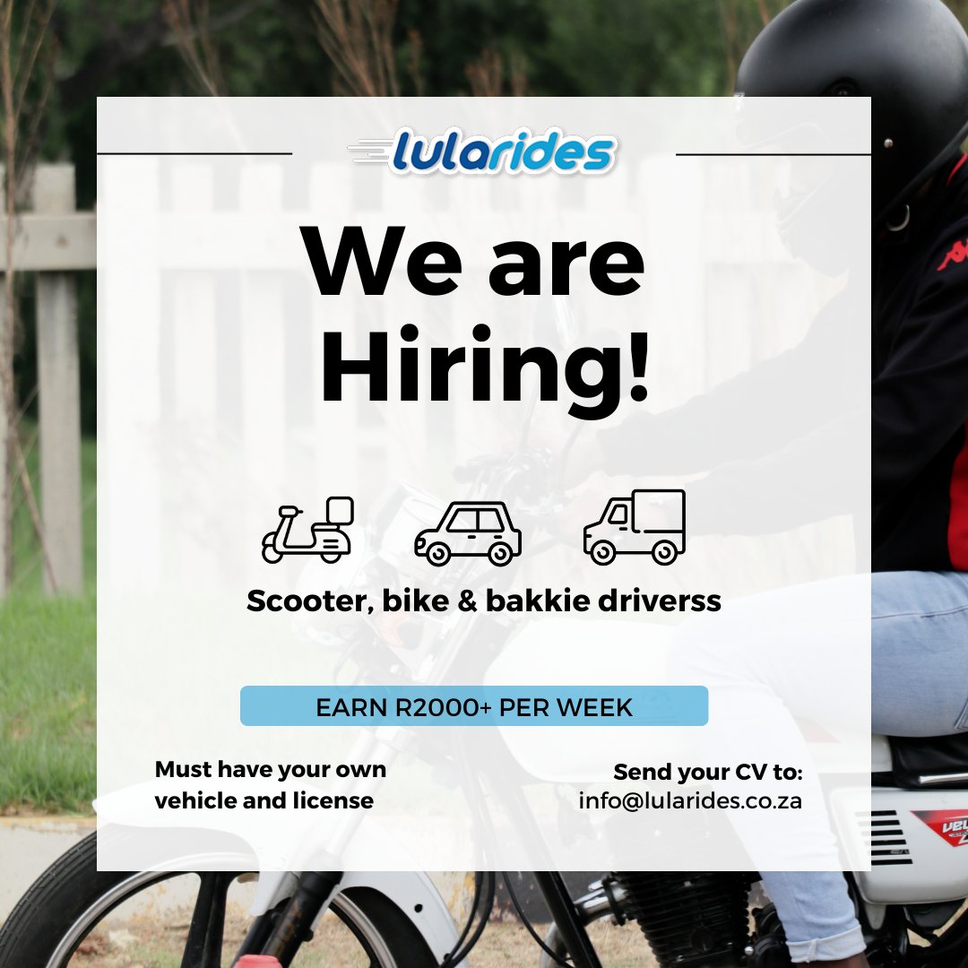 lularides's tweet photo. Do you have a car, bike or bakkie? Join our fleet for us to onboard you to SA's top delivery platforms!
Must have own vehicle and relevant license 
Call: 010 140 9510
Email your CV, license, vehicle information and location to info@lularides.co.za
#hiring #jobopening https://t.co/hE9GlBGA9V