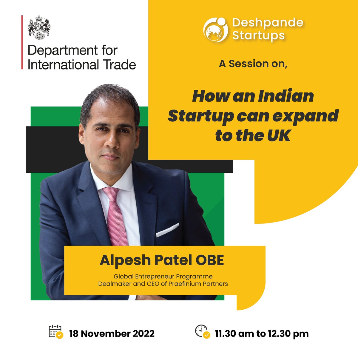 DFstartups's tweet photo. Deshpande Startups with UK's Department for International Trade is excited to host a talk by Alpesh Patel OBE
18 Nov 2022, 11:30 am to 12:30 pm
Microsoft Teams - https://t.co/N2UbDL77bb
Meeting ID: 389 090 417 992
Passcode: CcG4v9
#DeshpandeStartups #DS #LifeatDS #UK https://t.co/yTGoIt3ATc