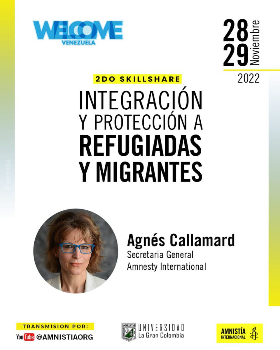 GomezMarcos's tweet photo. Agnès Callamard, Secretary General de Amnesty International estará de visita a Colombia por primera vez

Mantendrá reuniones con diversas autoridades, organizaciones y estará en la instalación de este seminario sobre VBG e integración a refugiadas y migrantes de Venezuela https://t.co/Pvm89Spmwq