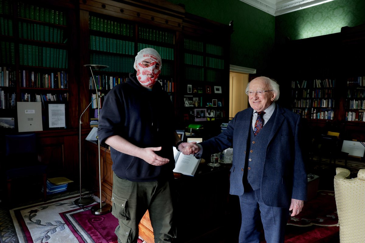 PresidentIRL's tweet photo. President Higgins speaks to Blindboy on this week's Blindboy Podcast about his Machnamh 100 series, the importance of reflecting on and revising our opinions on our history, its current relevance and much more besides. Listen to it at https://t.co/6Wk42JcLe3 https://t.co/X90azaEUcz
