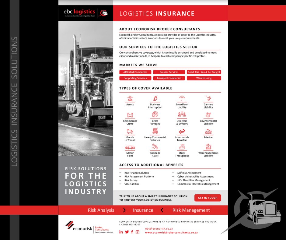 EconoriskBC's tweet photo. Risk solutions for the logistics industry: 
Talk to us about a smart insurance solution to protect your logistics business.
https://t.co/BMor1GYZLz

ebc@econorisk.co.za
https://t.co/dQJ6oURUrV

#logisticsinsurance #CourierServices #TransportCompanies #Roadfreight #Railfreight https://t.co/JU24vPXCV2