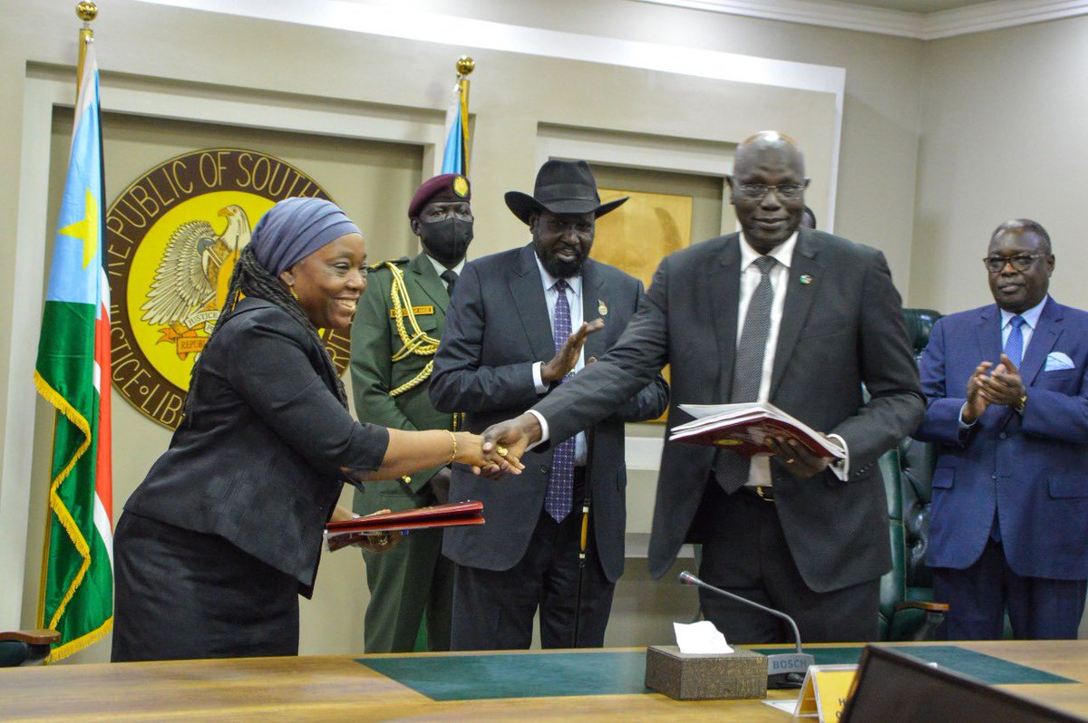 NyantiSara's tweet photo. President Salva Kiir makes history as the first African president of the youngest State in the world to officiate the signature ceremony of the UN sustainable Development Cooperation Framework - #UNSDCF - (1) https://t.co/5fsubbYvp1