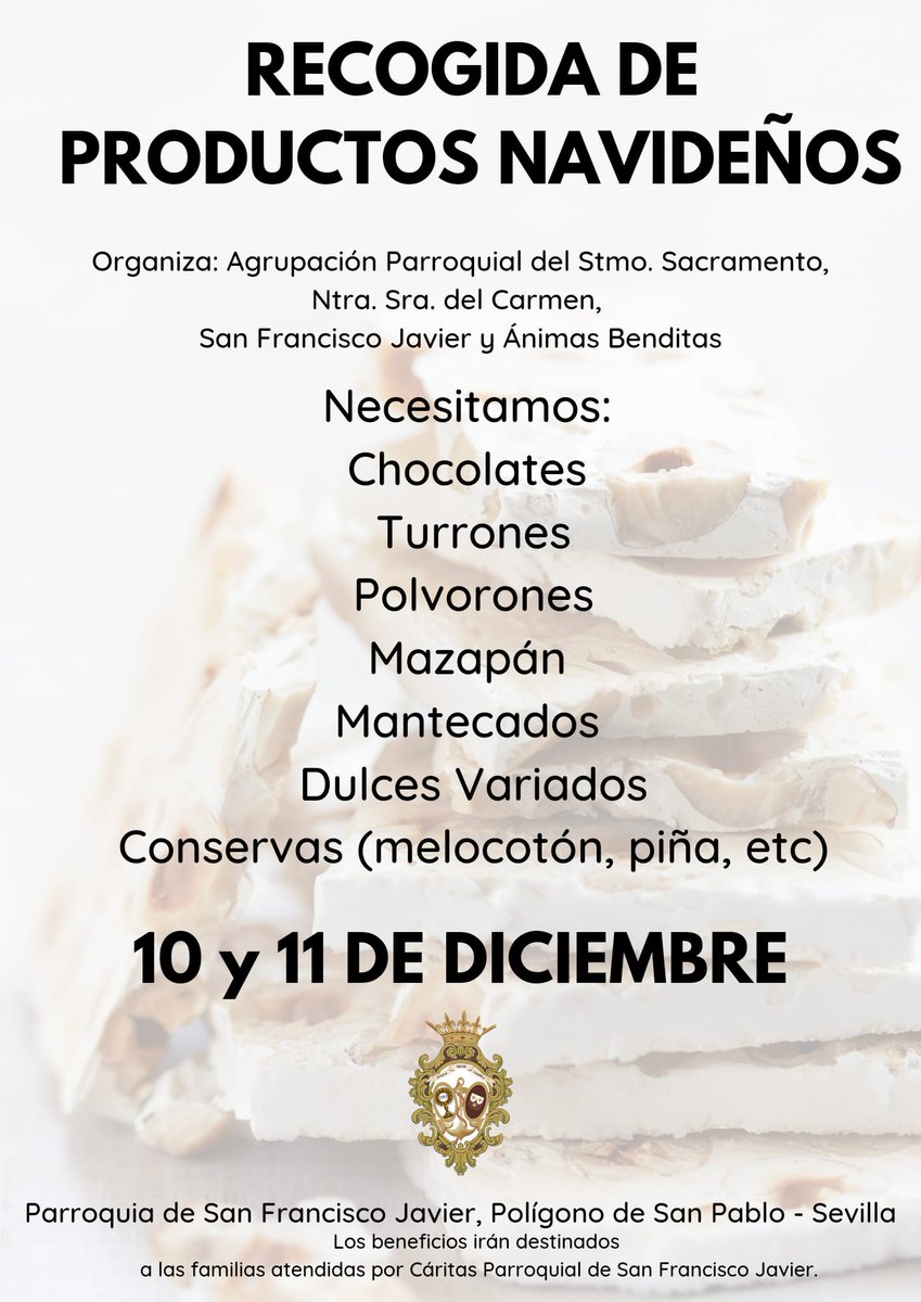 GCarmenSP's tweet photo. CARIDAD| Los días 10 y 11 de Diciembre en nuestra Parroquia, se realizará una recogida de dulces navideños. Los beneficios irán destinados a las familias que atiende Cáritas Parroquial de San Francisco Javier. https://t.co/IWULsbw6wO