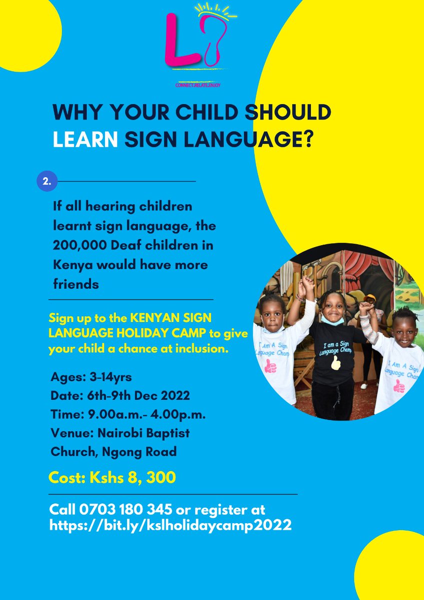 Would you like your child to be the one that freely interacts with deaf children and makes them know that they also belong? Sign up for the Kenyan Sign Language Holiday Camp at bit.ly/kslholidaycamp… or call 0703180345
#lughaishara #kenyansignlanguageholidaycamp #inclusion