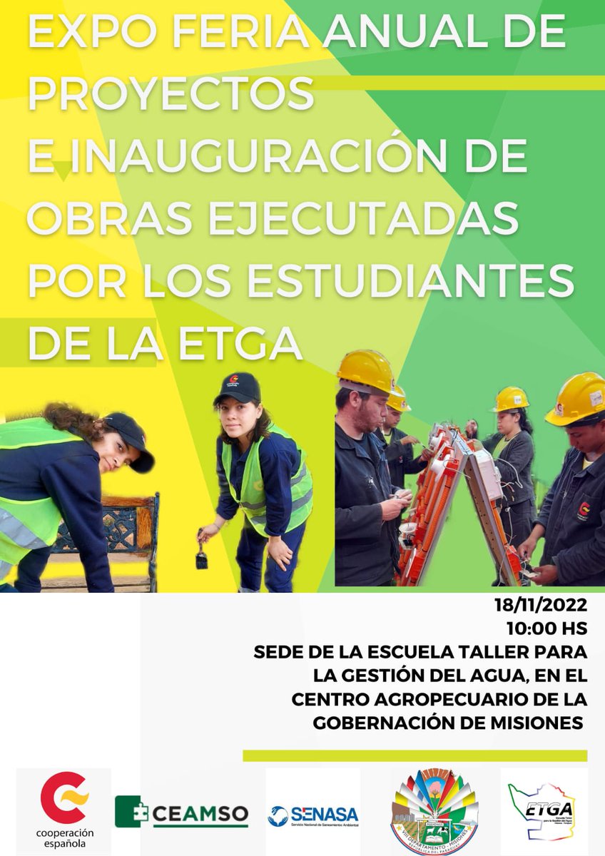 etga_22's tweet photo. La Escuela Taller para la Gestión del Agua invita a las Instituciones y a la ciudadanía en general a participar de la Expo Feria Anual de Proyectos y a la Inauguración de Obras ejecutadas por los Estudiantes.
@EmbEspParaguay 
@AECIDPARAGUAY 
@Ceamsopy 
@carlos_arrechea https://t.co/O6iPP1HBPe