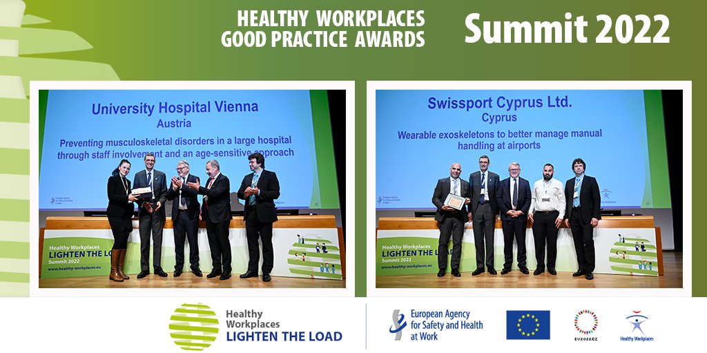 EU_OSHA's tweet photo. 1/2
#EUOSHAsummit Good Practice Awards winners 2020/22:
🏆University Hospital Vienna🇦🇹 
🏆Swissport Cyprus Ltd 🇨🇾 
🏆SAP SE🇩🇪
🏆F&amp;F Ltd.🇭🇺 https://t.co/zyROsgtH8V