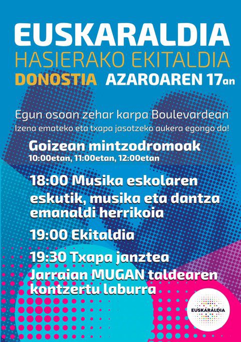 Barretartia (@barretartia) on Twitter photo Bihar <a href="/MiraririMirari/">Mirari Martiarena</a> eta biok <a href="/euskaraldia/">EUSKARALDIA</a> -ko hasierako ekitaldian egongo gara DONOSTIAN! Txapa prest daukazue? Guk txapa emateko prest gaude! 🥳
#Euskara #Euskaraldia #Donostia Bihar <a href="/MiraririMirari/">Mirari Martiarena</a> eta biok <a href="/euskaraldia/">EUSKARALDIA</a> -ko hasierako ekitaldian egongo gara DONOSTIAN! Txapa prest daukazue? Guk txapa emateko prest gaude! 🥳
#Euskara #Euskaraldia #Donostia