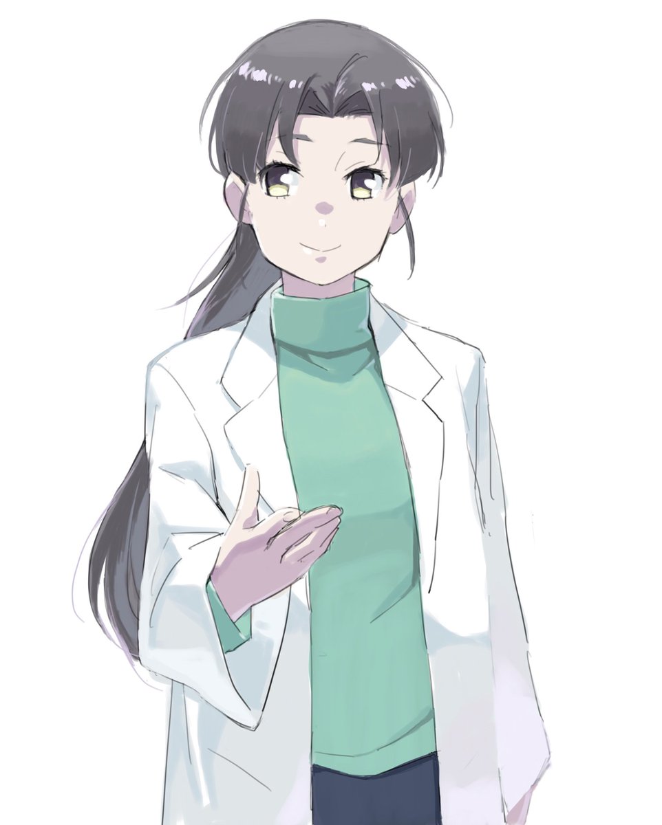 1girl solo labcoat long hair white background black hair simple background  illustration images