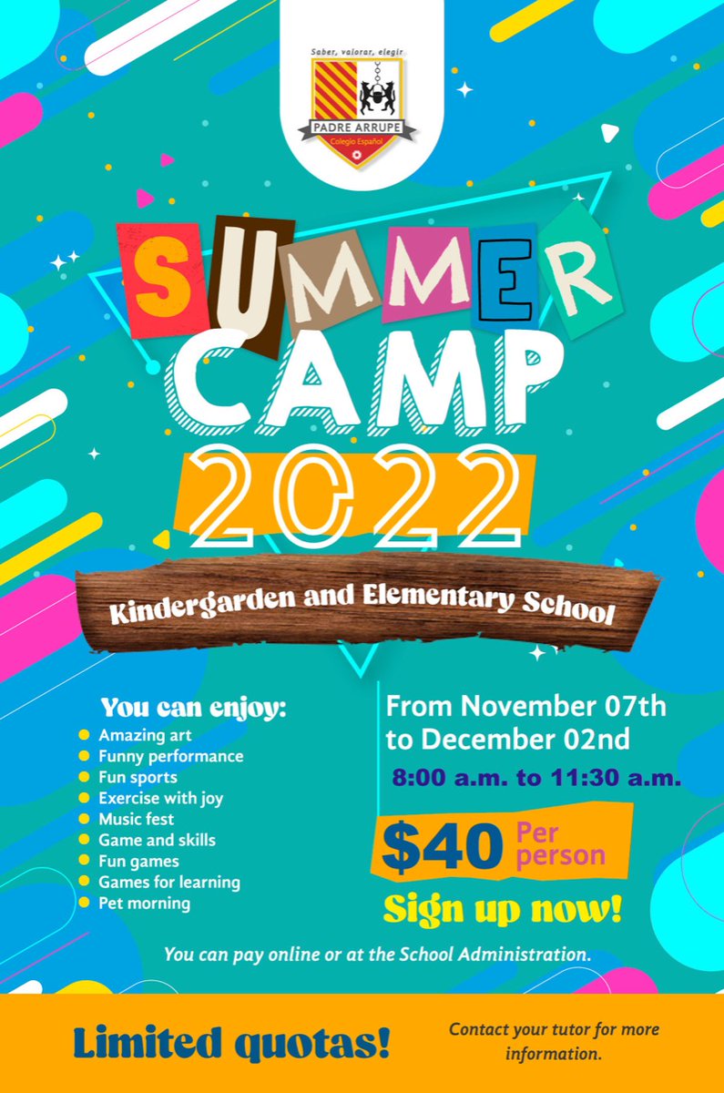 AlvaroPacheco7's tweet photo. 🚨¡AÚN ES TIEMPO!🚨 Sé parte de nuestro  Summer Camp 2022 🎉 Inscribete ahora 🤩 y diviértete junto a nosotros 🤗💥 ¡CUPOS LIMITADOS! 📍 https://t.co/baQKfFGf3u
