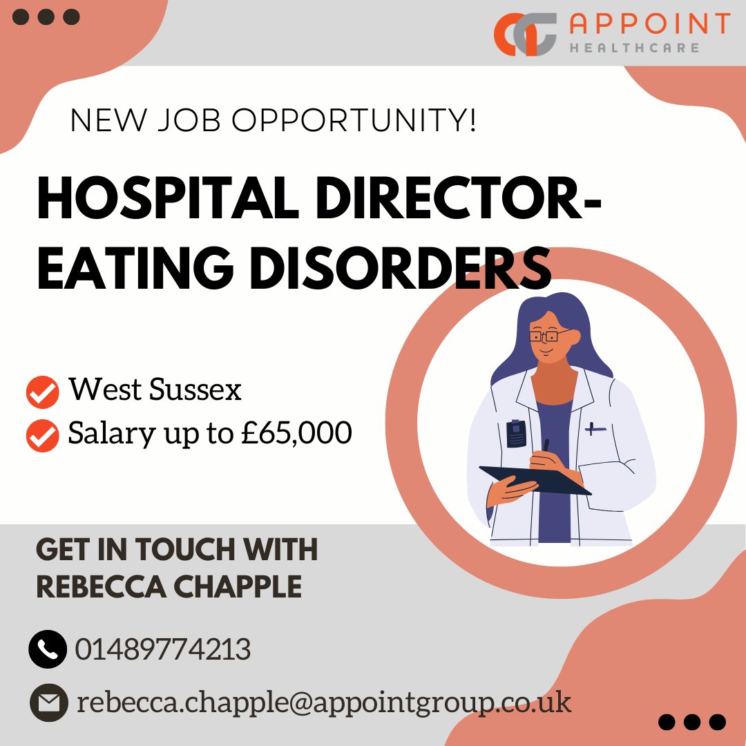 Exciting opportunity for a Hospital Director Eating Disorder Specialist. Get in touch with Rebecca on 01489774213 or rebecca.chapple@appointgroup.co.uk for more info! Apply here - loom.ly/zsMQgqs

#managementjobs #westsussexjobs #hospitaljobs #hospitals #nursemanager