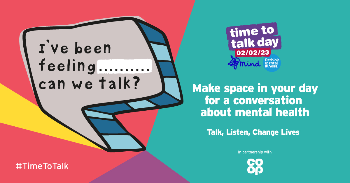 🗓️ It's #TimeToTalk Day on 2 February 2023! 💬 However you do it, make space in your day for a conversation about mental health. Join us as we continue to fight the stigma around mental health. Get involved 👉 bit.ly/3GP8PWw