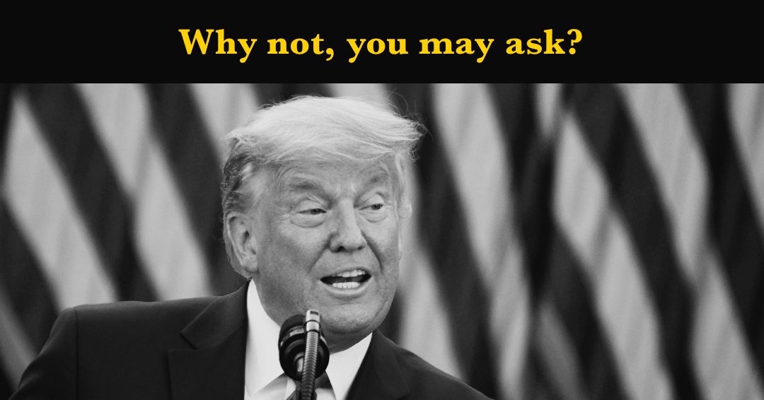 Why not Trump? One, he is the Supreme Narcissist who has duped his followers into a self-defeating politics. Two, he is the Arch Villain on whom the illiberal Left depends for selling their narratives &amp; retaining their power despite their policy failures of today &amp; the past.