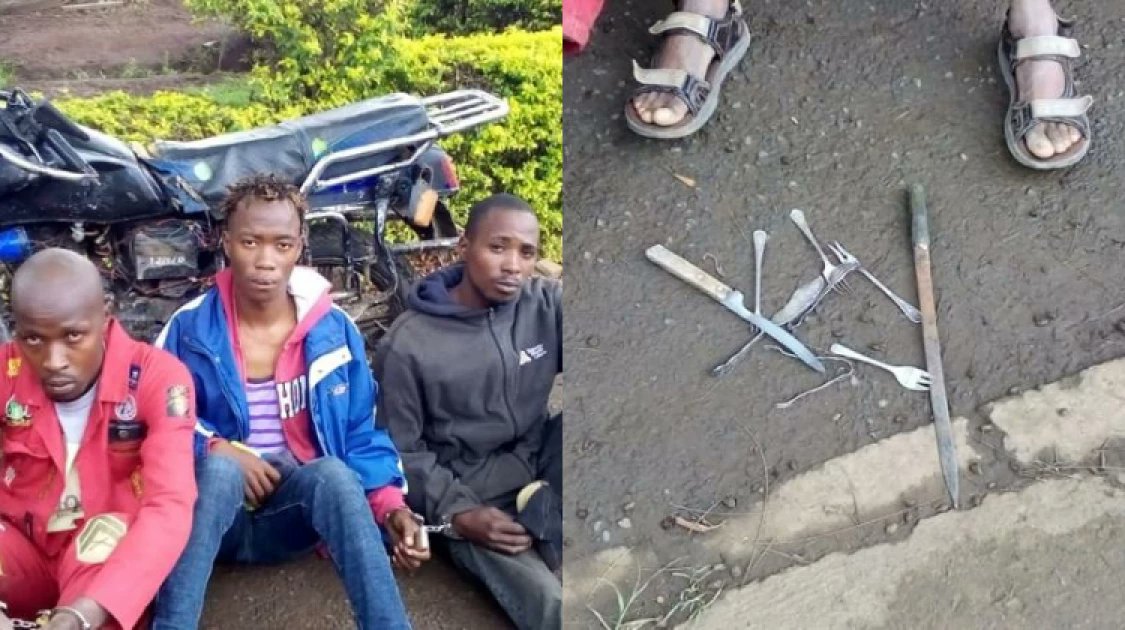 JNRadio254's tweet photo. Police in Nairobi have arrested three suspected muggers near KCA University along Thika Road.
The three identified as Vincent Ndiritu, Kelvin Maina, and Daniel Mwangi, all aged between 20 and 25 years, were arrested on Wednesday by police who were on patrol around the area. https://t.co/WQm1AKrYBO